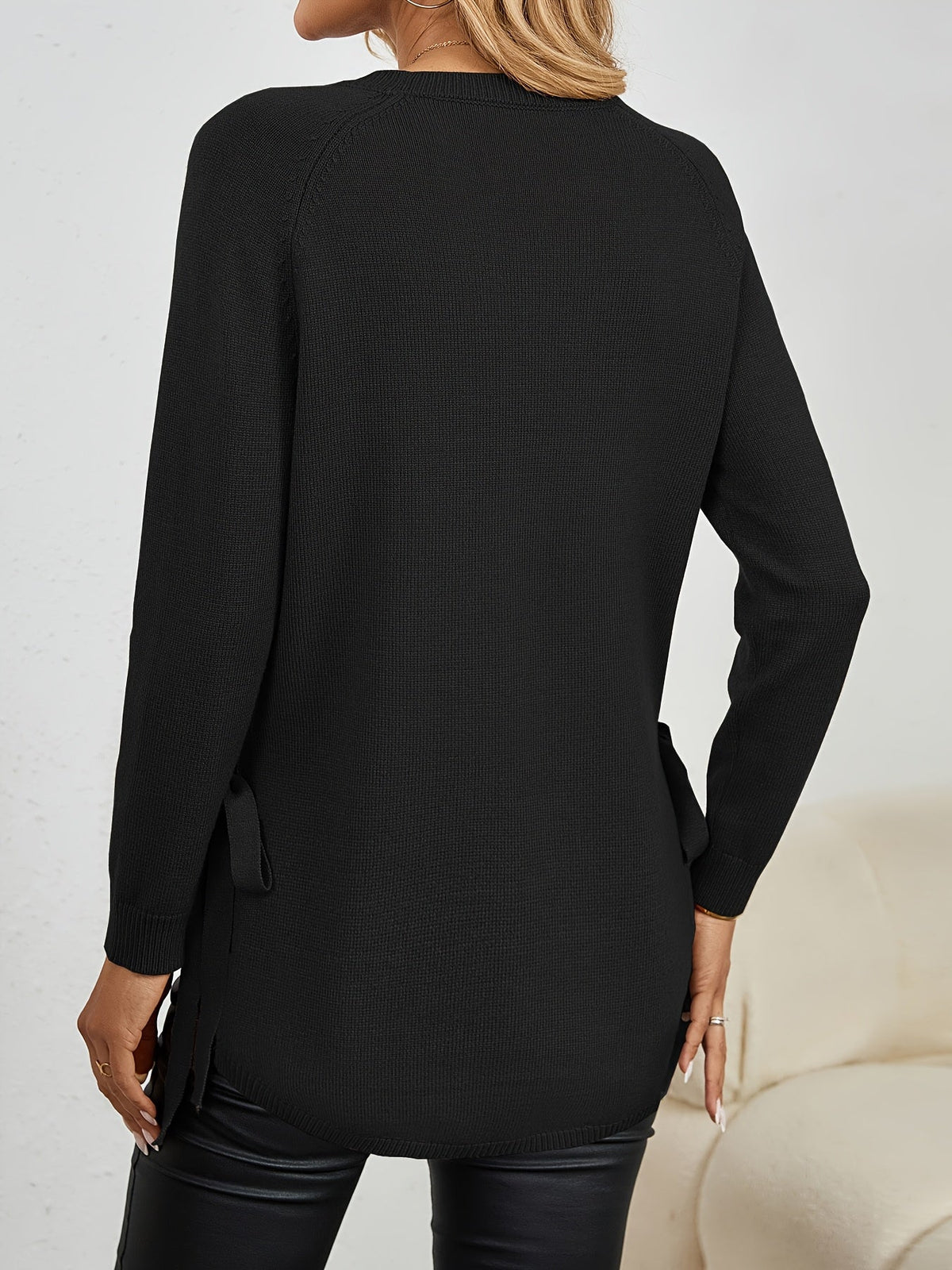 Knit Relaxed Fit Round Neck Longline Jumper with Side Slits for Women | Autumn
