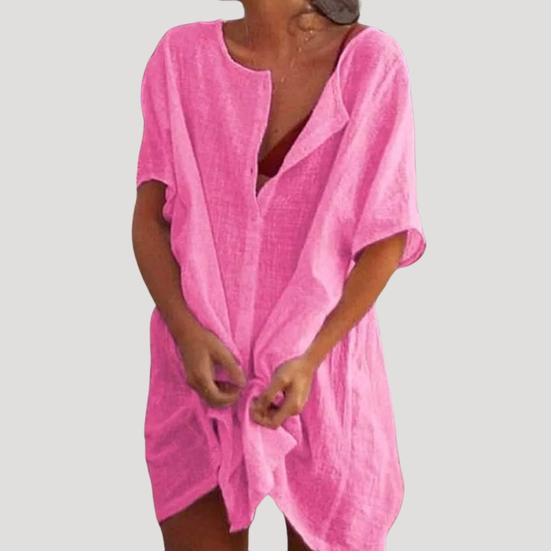 Women Tunic Dress | Loose fit with V-slit neckline and short sleeves