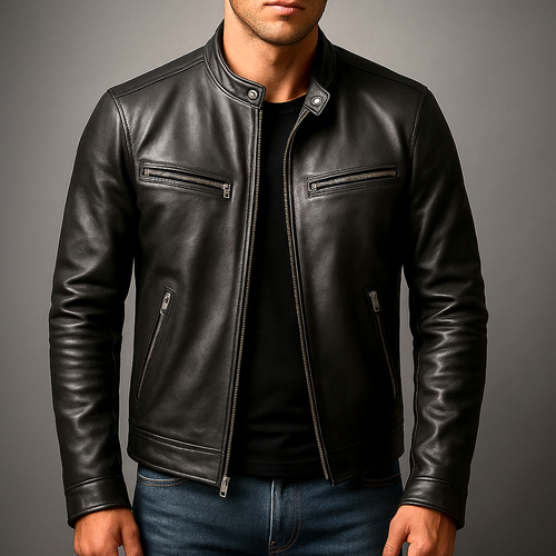 Brown Vintage Leather Biker Jacket for Men | Zip Front Casual Outerwear