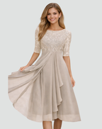 Lace Bodice Three-Quarter Sleeve Midi Party Dress for Women