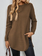 Knit Relaxed Fit Round Neck Longline Jumper with Side Slits for Women | Autumn