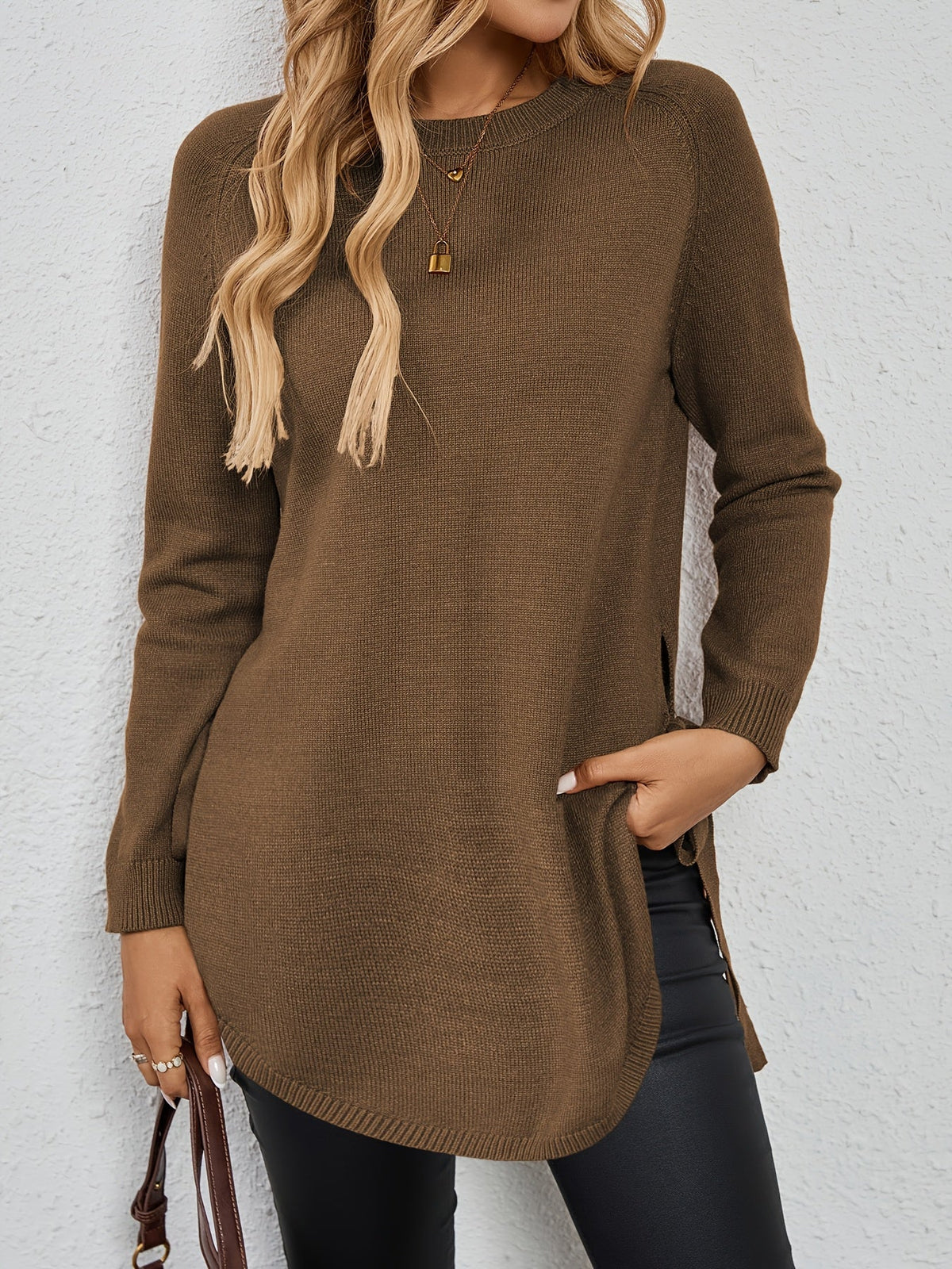 Knit Relaxed Fit Round Neck Longline Jumper with Side Slits for Women | Autumn