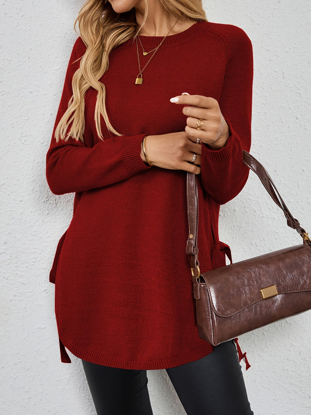 Knit Relaxed Fit Round Neck Longline Jumper with Side Slits for Women | Autumn