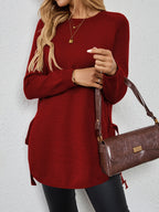 Knit Relaxed Fit Round Neck Longline Jumper with Side Slits for Women | Autumn