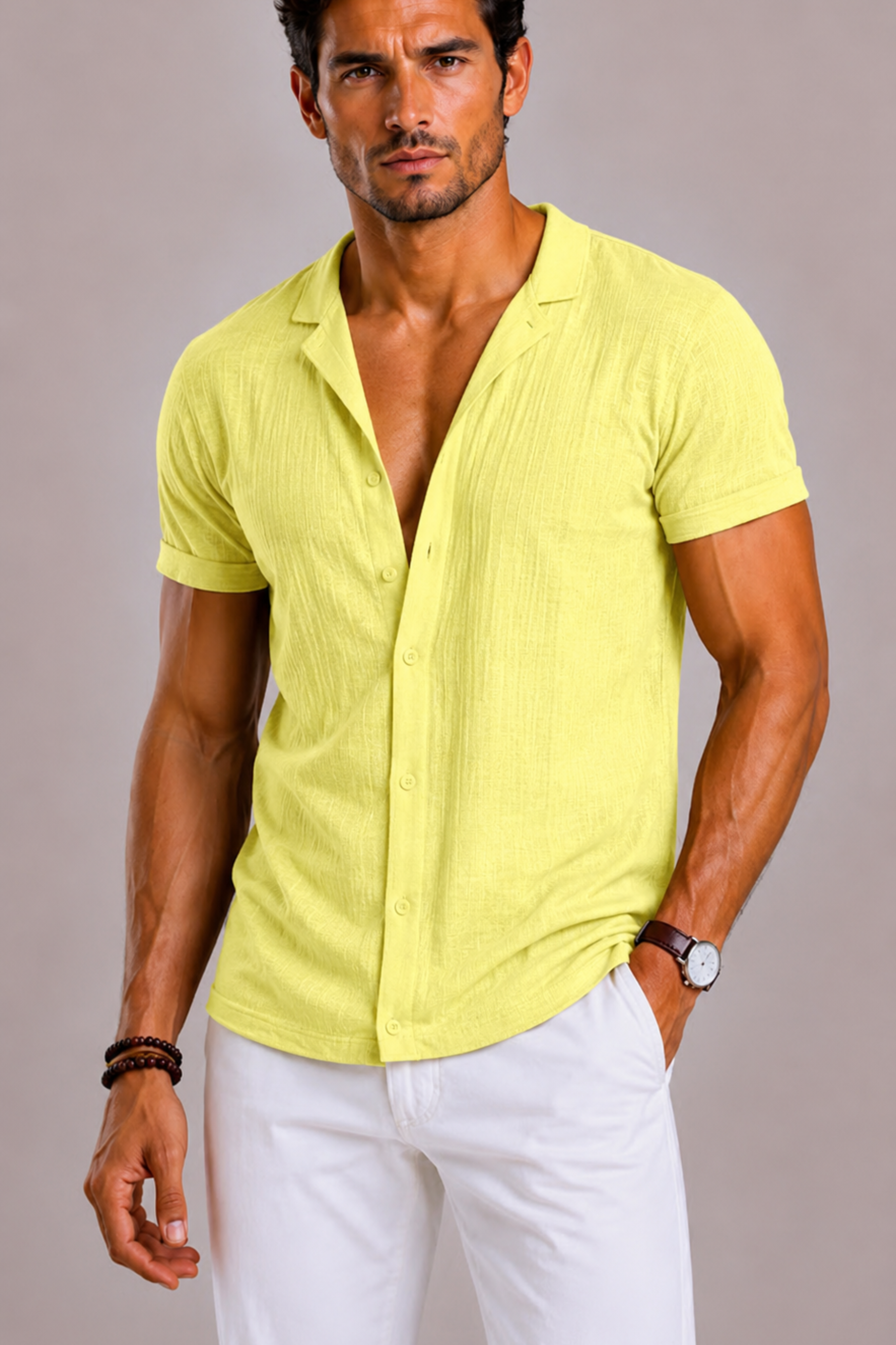 Linen Short Sleeve Shirt for Men with Button Front and Ribbed Texture