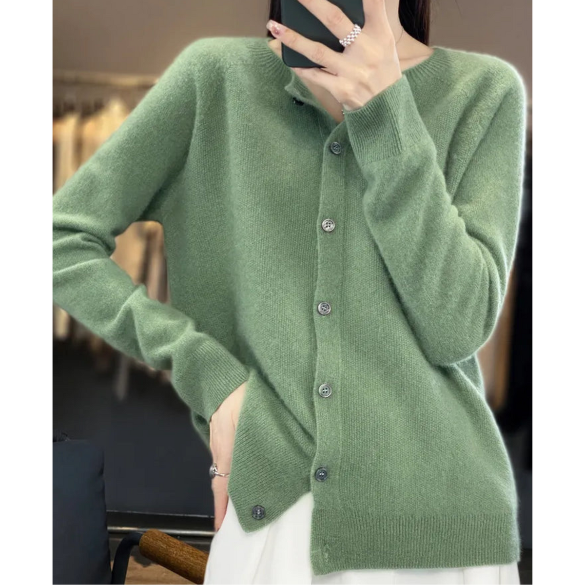Merino Wool Cashmere Blend Round Neck Button Cardigan for Women | Winter Knit
