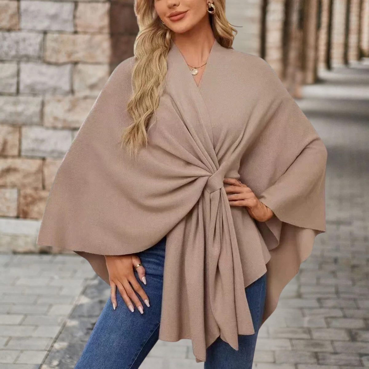 Lightweight Loose Fit Open Poncho with Front Knot Detail for Women | Casual Wear