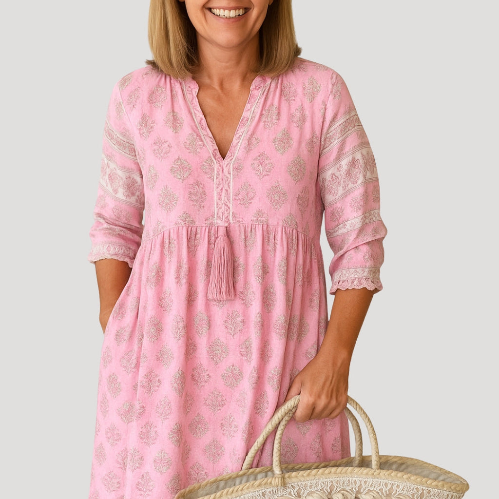 Women Midi Dress | Loose fit with V-neck and side pockets