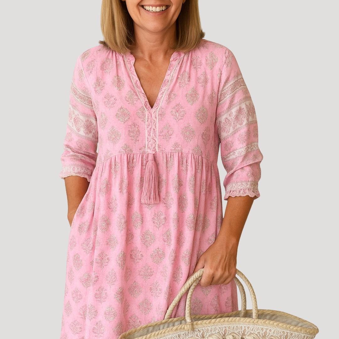 Women Midi Dress | Loose fit with V-neck and side pockets