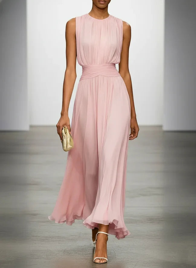 Sleeveless Ruched A-Line Chiffon Maxi Dress for Women | Wedding Guest