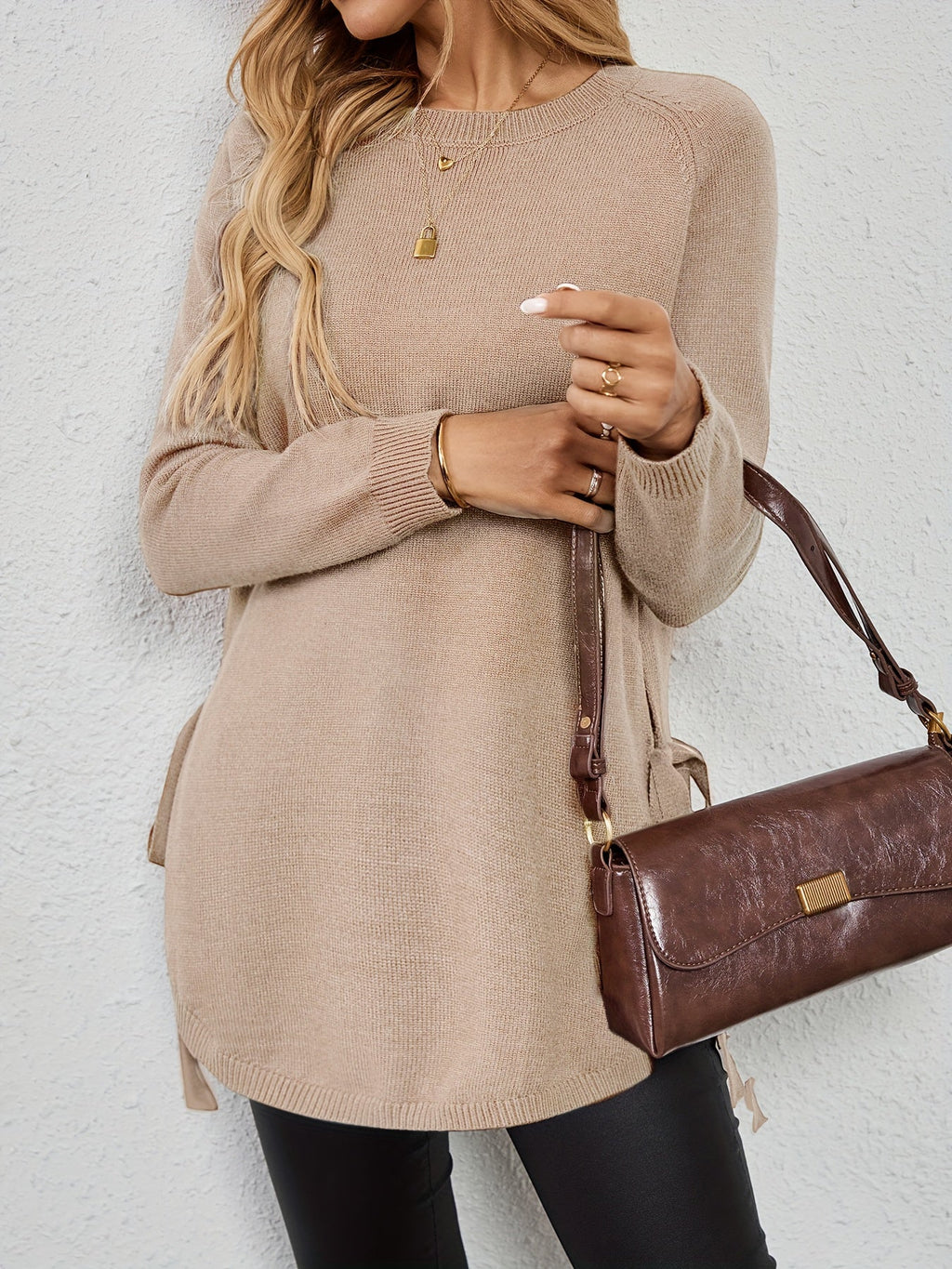 Knit Relaxed Fit Round Neck Longline Jumper with Side Slits for Women | Autumn