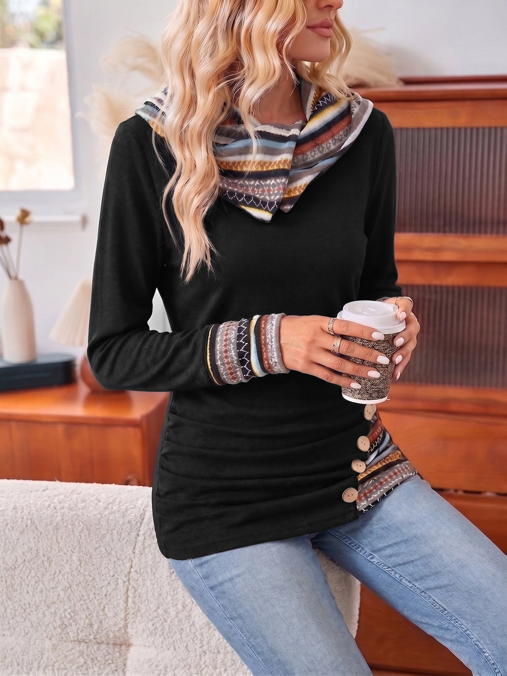 Patchwork Hoodie with Striped Trim and Side Ruching for Women | Casual Wear