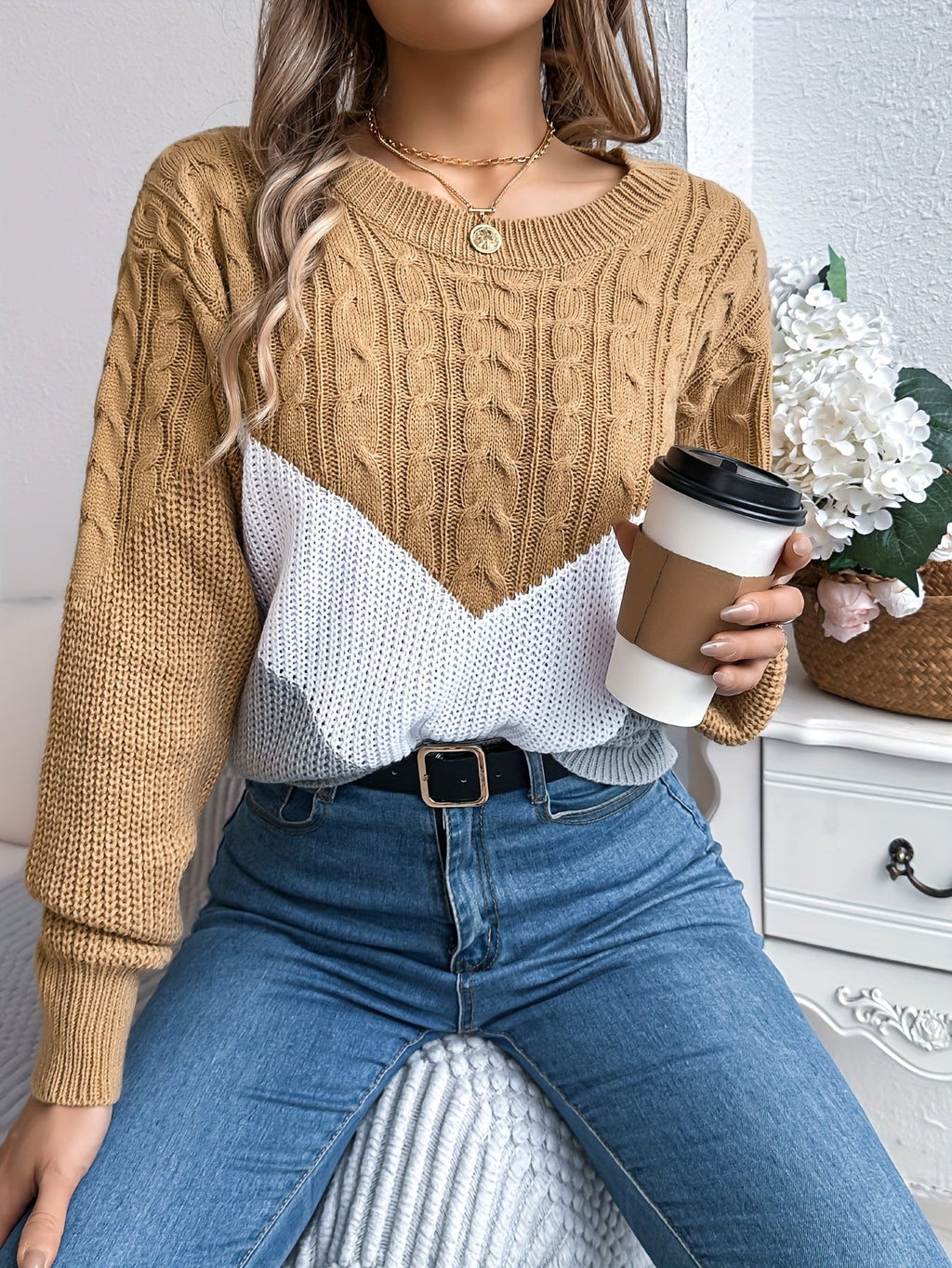 Colour Block Cable Knit Round Neck Long Sleeve Jumper for Women | Autumn Winter