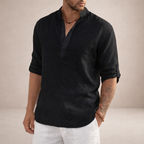Linen Regular Fit Shirt for Men with Stand Collar and Long Sleeves