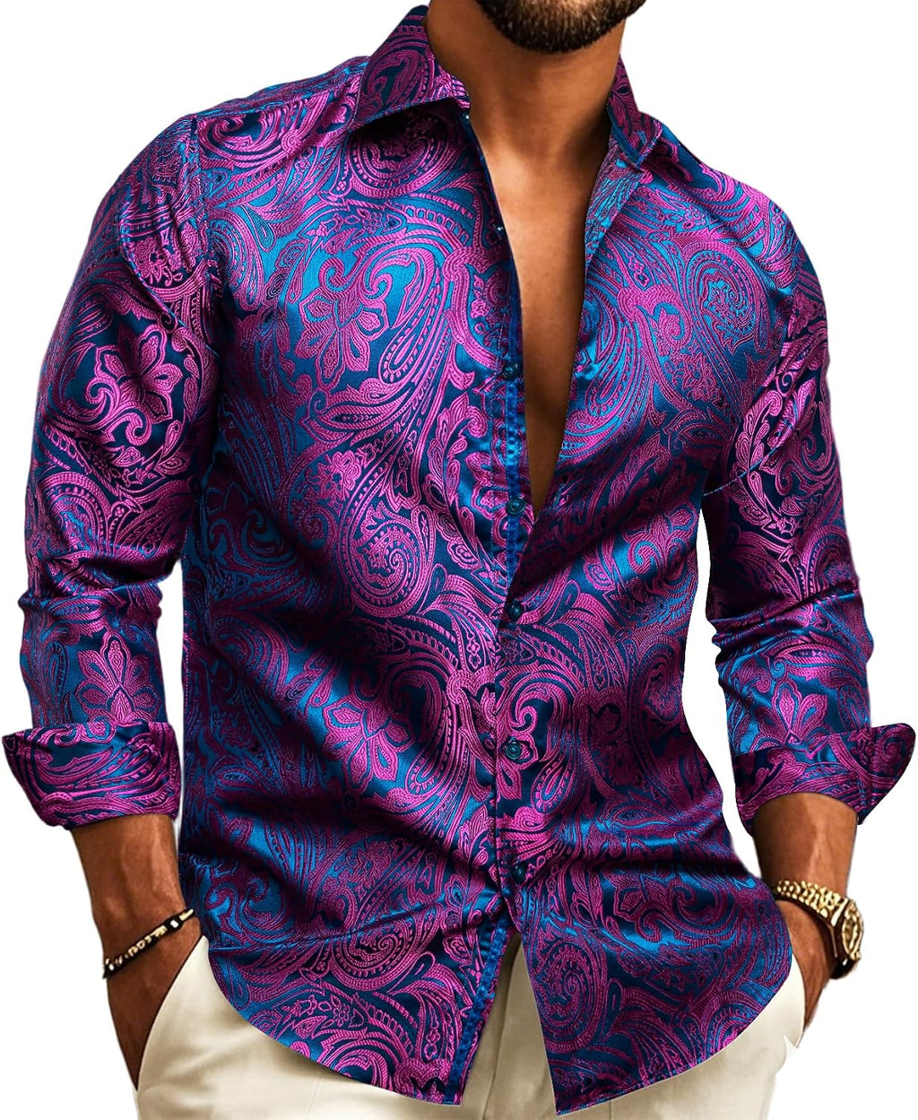 Paisley Jacquard Long Sleeve Button Front Shirt for Men | Evening Wear