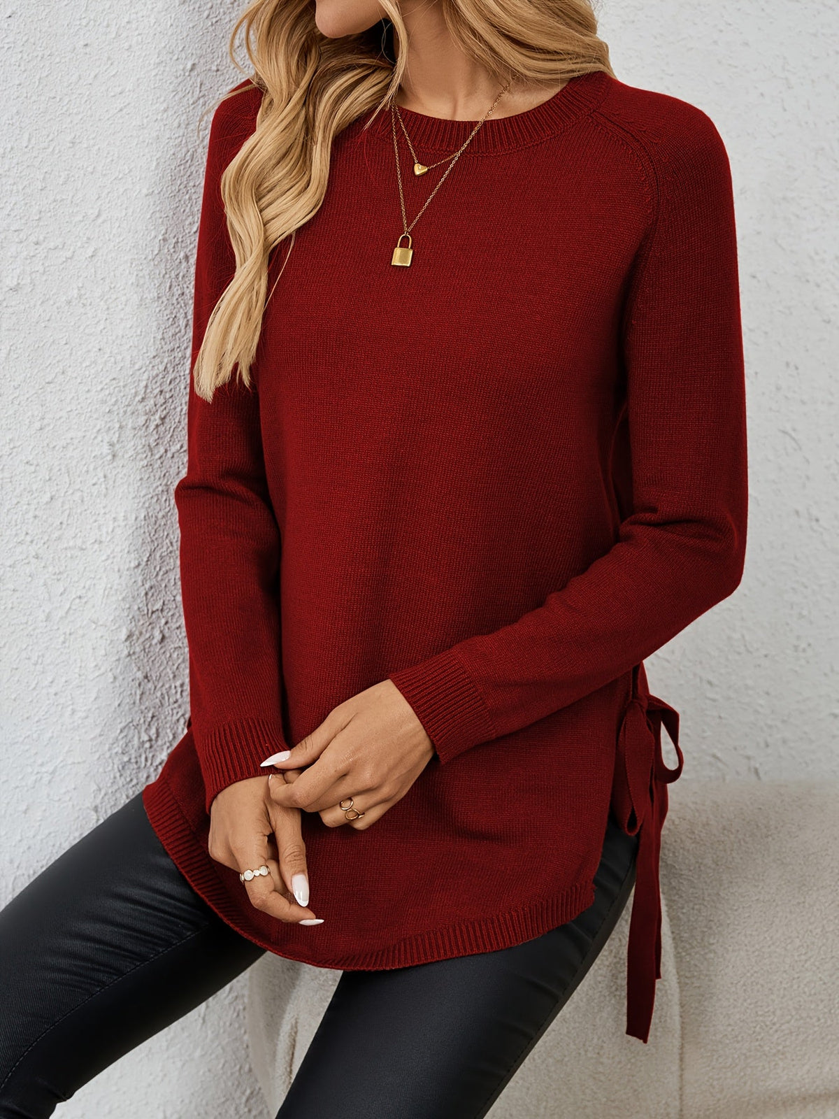 Knit Relaxed Fit Round Neck Longline Jumper with Side Slits for Women | Autumn