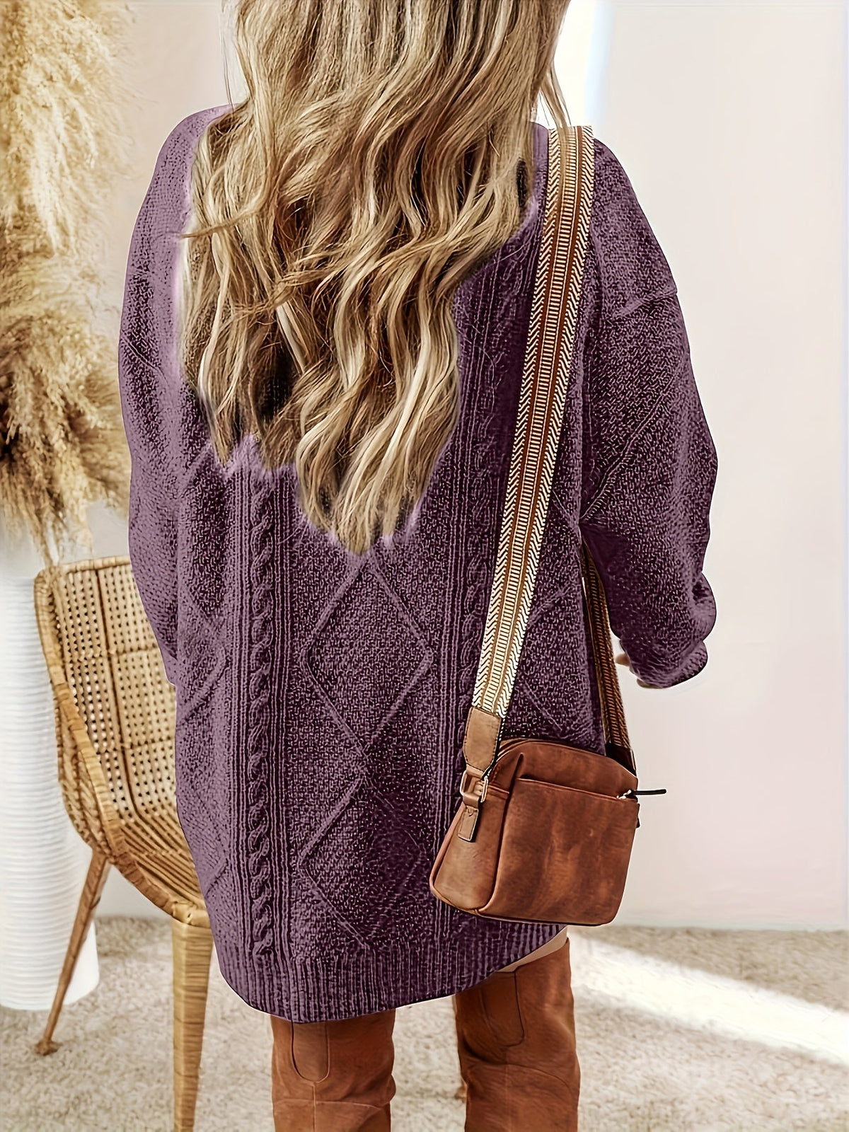 Diamond Cable Knit Round Neck Relaxed Fit Jumper Dress for Women | Autumn Winter