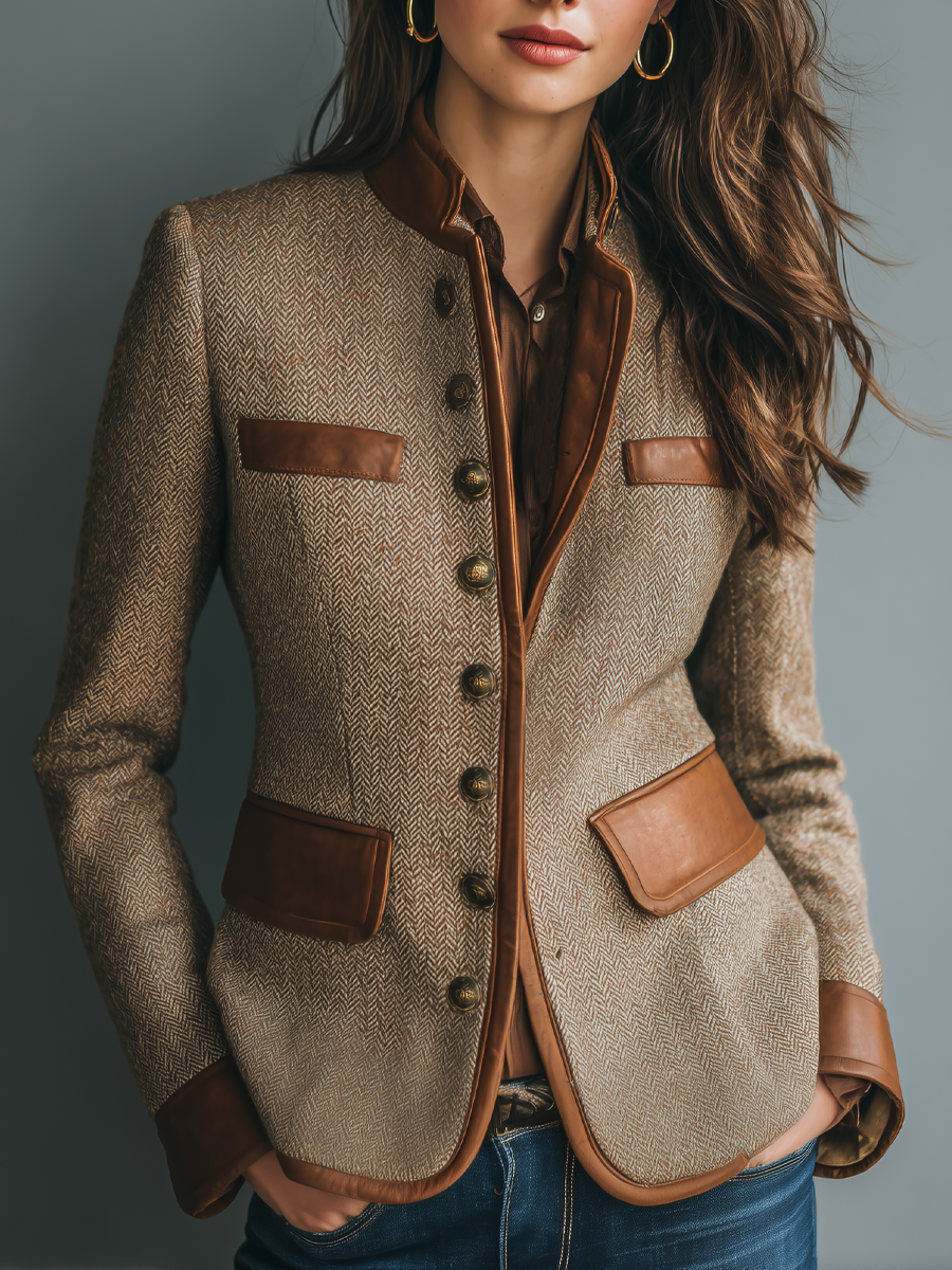 Brown Vintage Tweed Style Fitted Jacket with Braid Trim and Pockets for Women