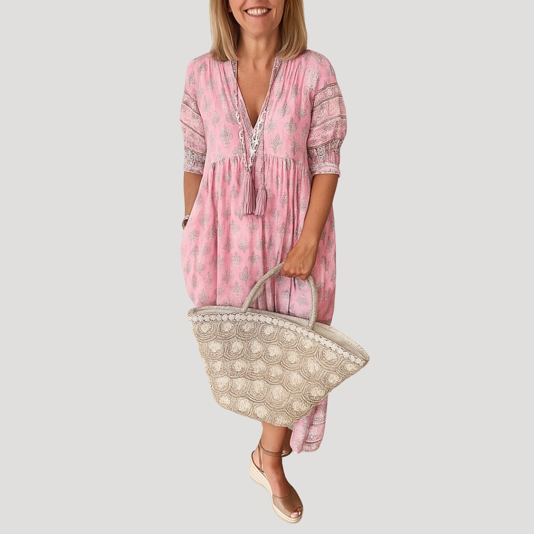 Women Midi Dress | Loose fit with V-neck and side pockets