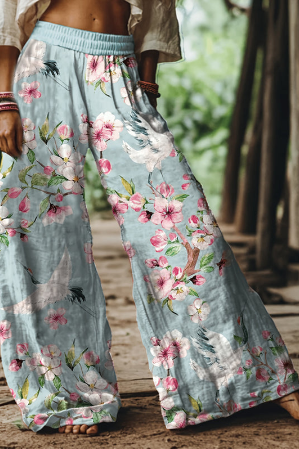 Floral Print Cropped Wide Leg Trousers for Women
