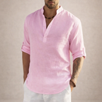 Linen Regular Fit Shirt for Men with Stand Collar and Long Sleeves