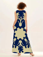 Blue Floral V-Neck Sleeveless Swing Maxi Dress for Women | With Pockets