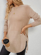 Knit Relaxed Fit Round Neck Longline Jumper with Side Slits for Women | Autumn