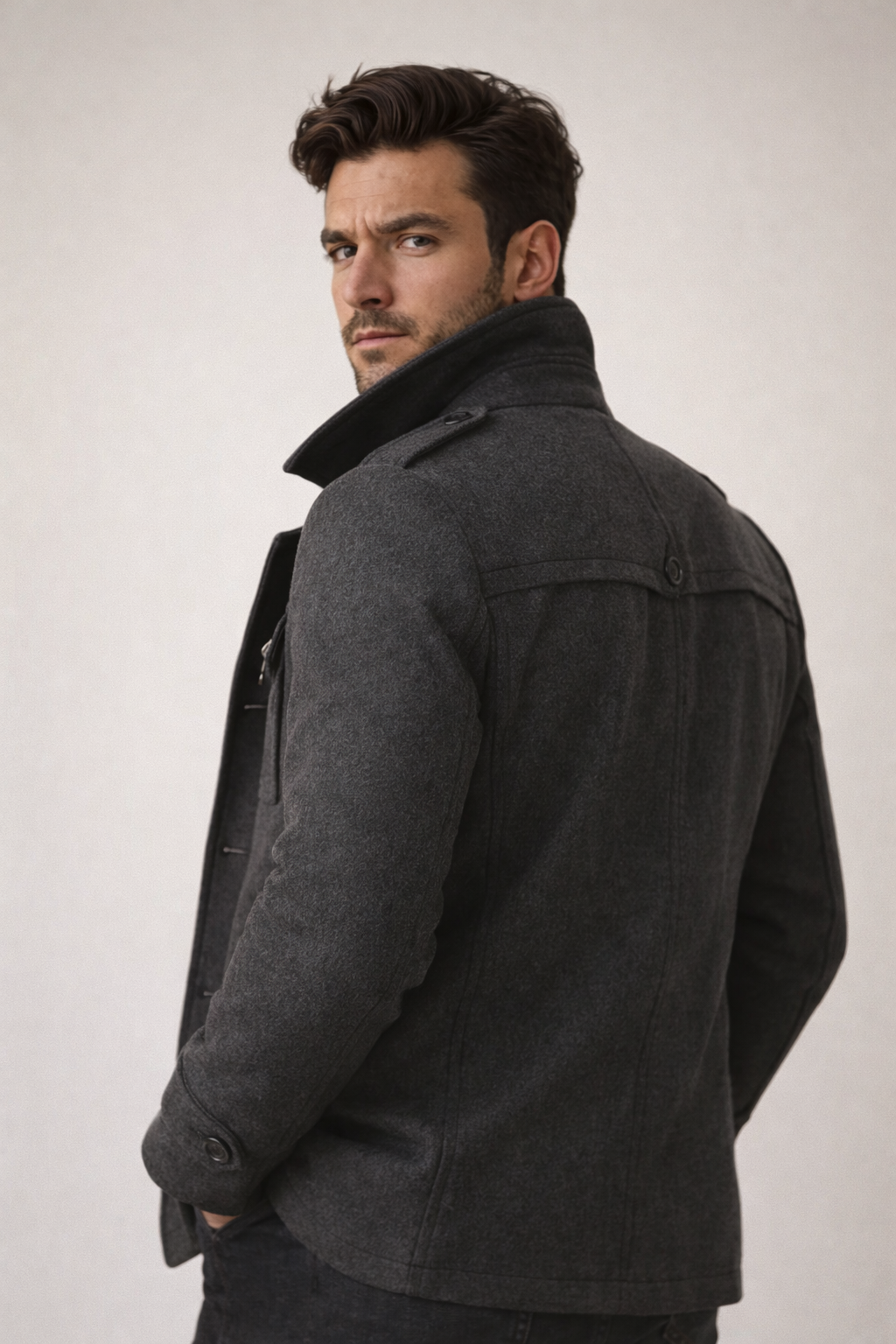 Wool Blend Double-Breasted Long Overcoat for Men
