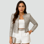 Sequin Cropped Collarless Open Front Blazer for Women | Evening Occasion