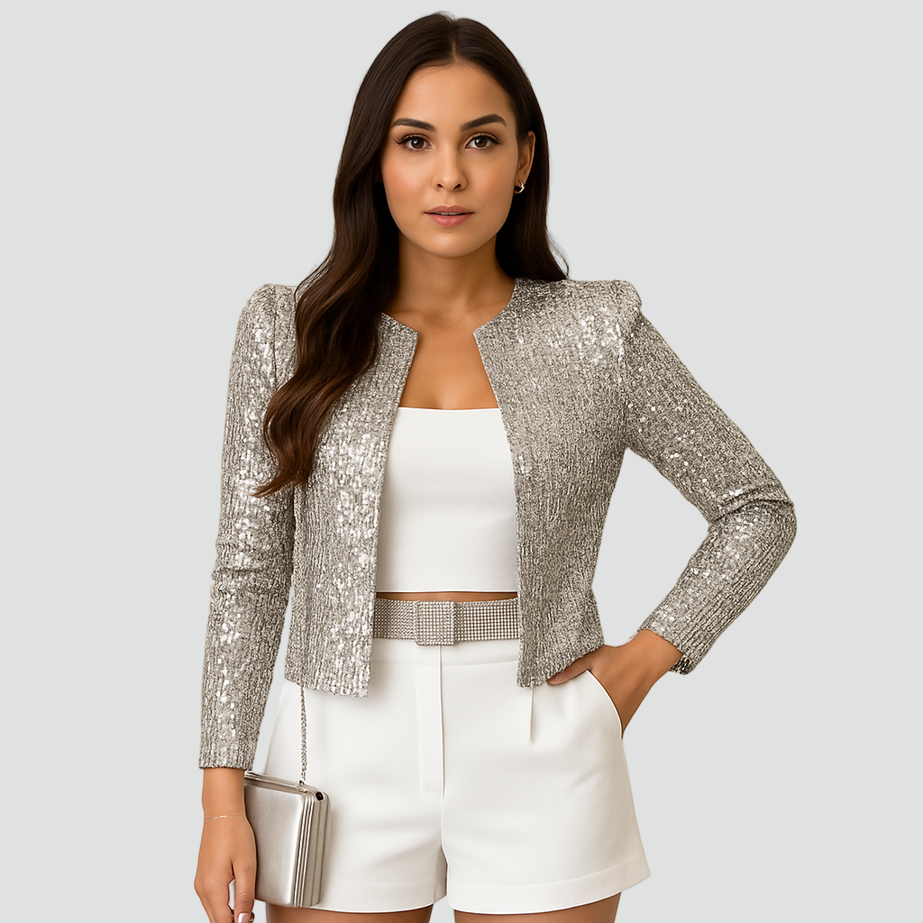 Sequin Cropped Collarless Open Front Blazer for Women | Evening Occasion
