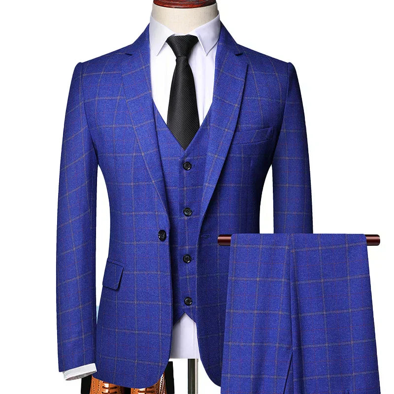 Men Suit Set | Three-piece check blazer with vest and trousers