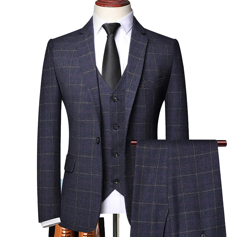 Men Suit Set | Three-piece check blazer with vest and trousers