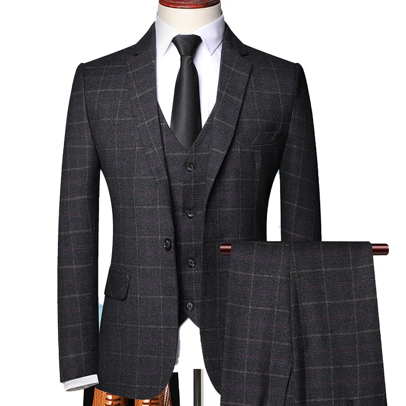 Men Suit Set | Three-piece check blazer with vest and trousers