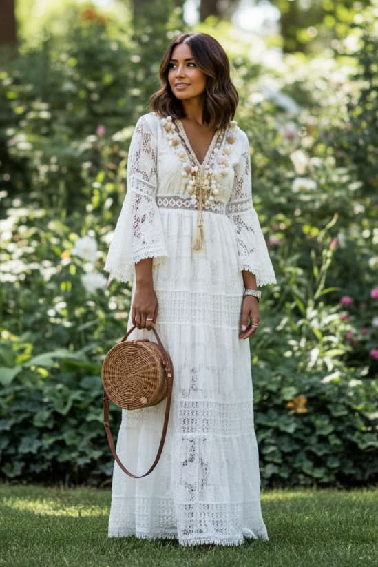 White and Beige Boho V Neck Maxi Dress for Women | Summer Beach Holiday