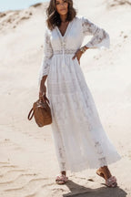 White and Beige Boho V Neck Maxi Dress for Women | Summer Beach Holiday