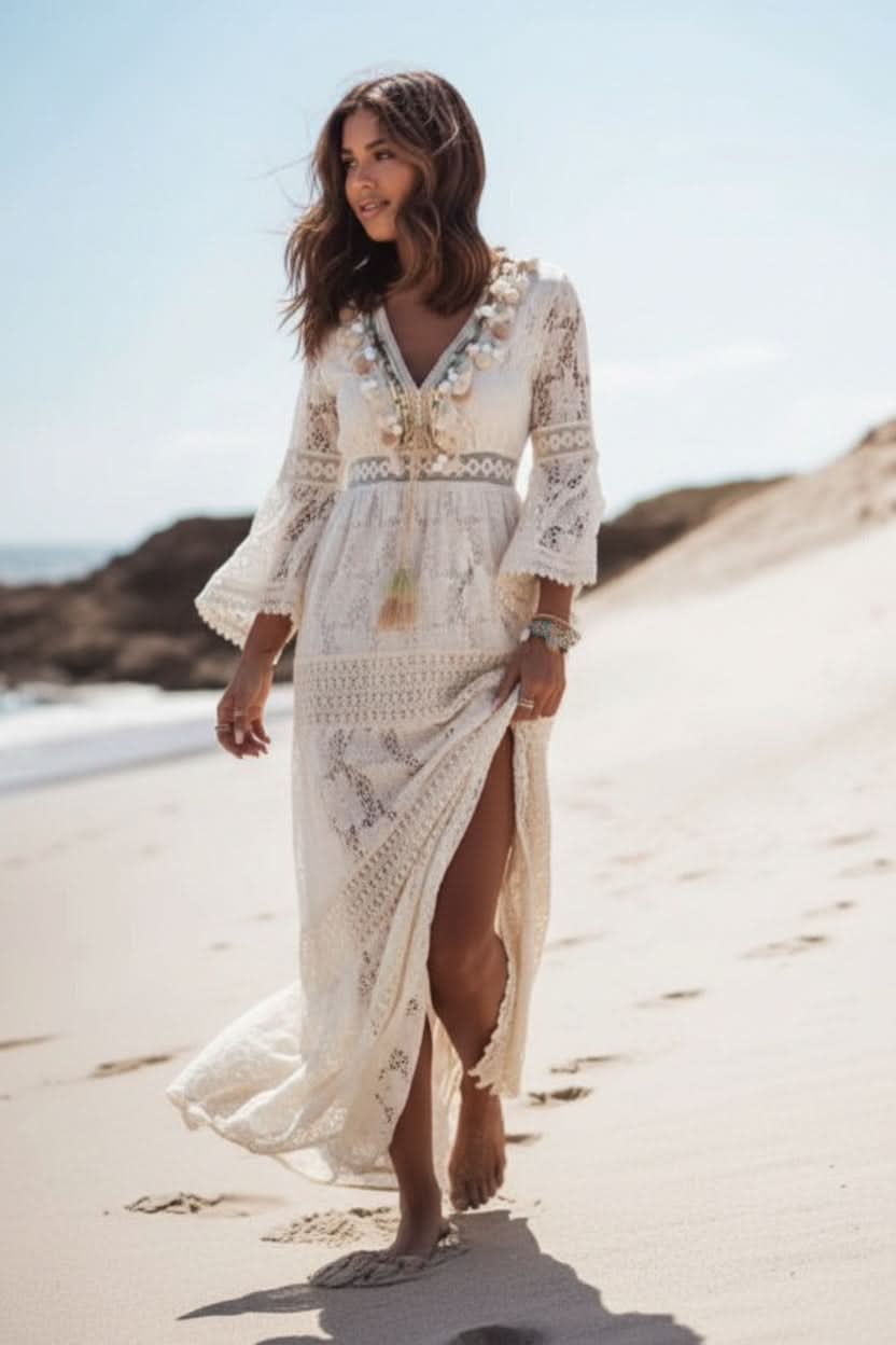White and Beige Boho V Neck Maxi Dress for Women | Summer Beach Holiday
