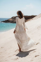 White and Beige Boho V Neck Maxi Dress for Women | Summer Beach Holiday