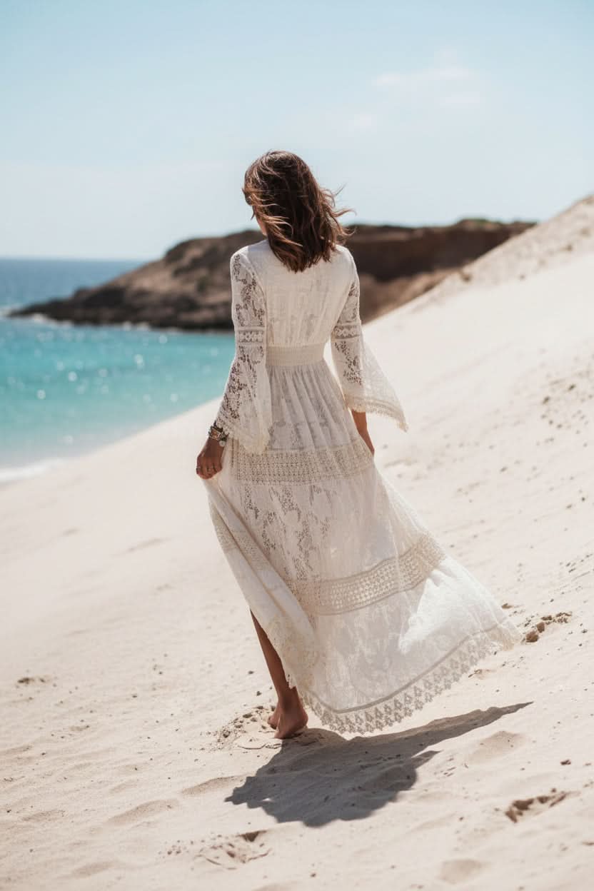 White and Beige Boho V Neck Maxi Dress for Women | Summer Beach Holiday