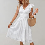 White Flutter Sleeve V-Neck Midi Dress for Women