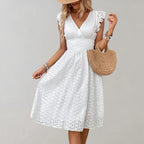 White Flutter Sleeve V-Neck Midi Dress for Women