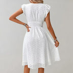 White Flutter Sleeve V-Neck Midi Dress for Women