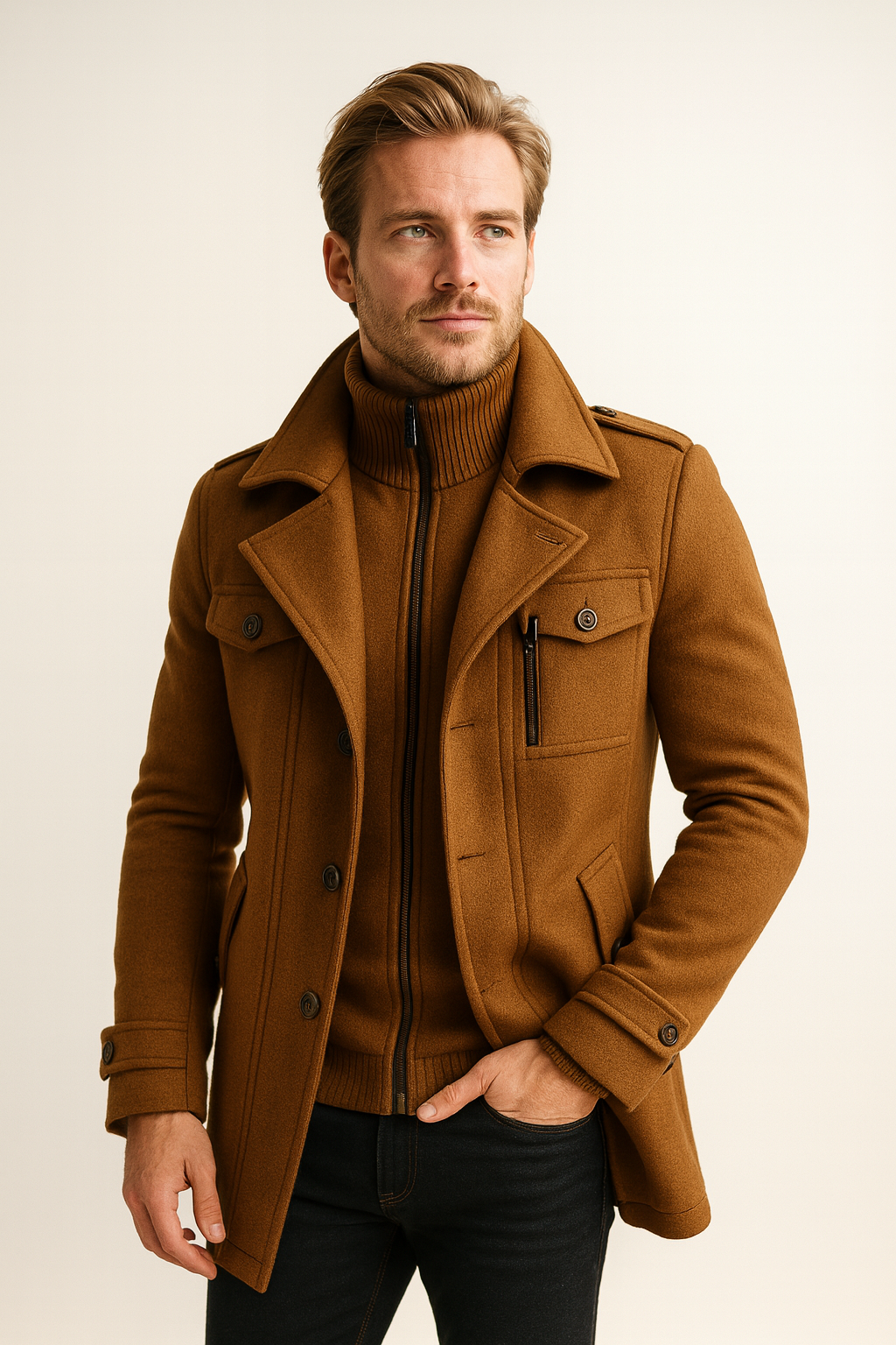 Wool Blend Double-Breasted Long Overcoat for Men