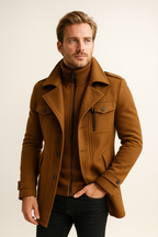 Wool Blend Double-Breasted Long Overcoat for Men