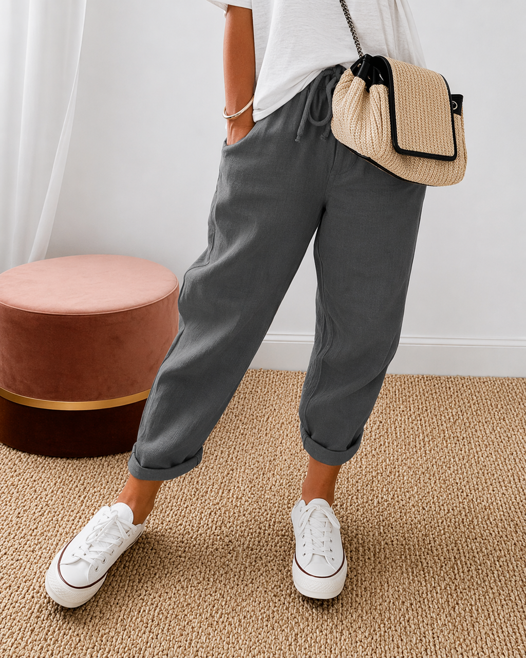 Cotton Linen Relaxed Fit Trousers for Men