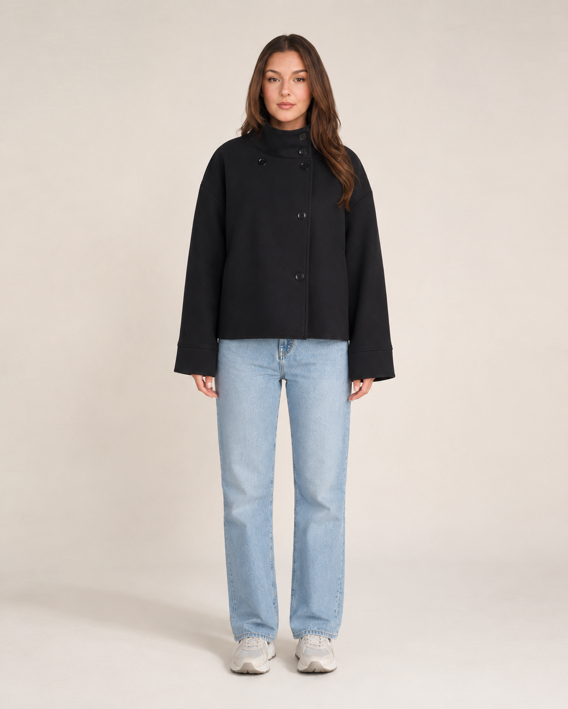 Double-Breasted Short Coat for Women | High Collar Relaxed Fit