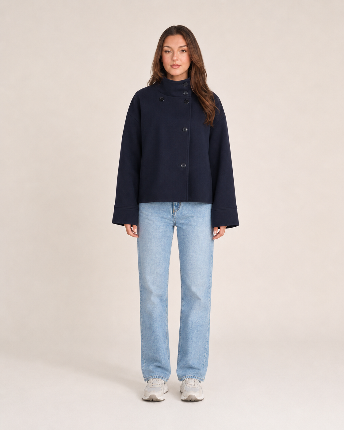 Double-Breasted Short Coat for Women | High Collar Relaxed Fit