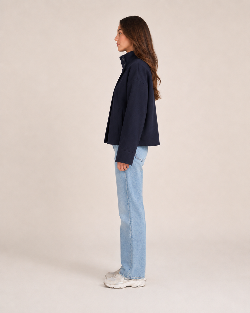 Double-Breasted Short Coat for Women | High Collar Relaxed Fit