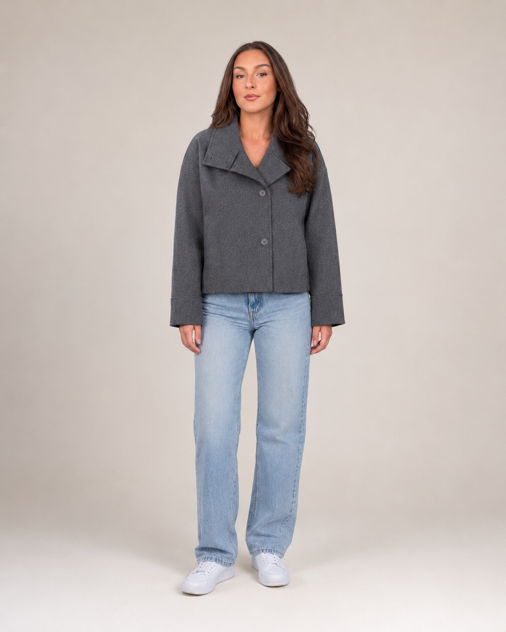 Double-Breasted Short Coat for Women | High Collar Relaxed Fit
