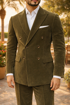 Olive Green Corduroy Double Breasted Peak Lapel Blazer for Men | Formal Wear