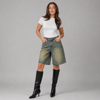 Olive Grey Wash Denim High Waisted Loose Fit Shorts for Women